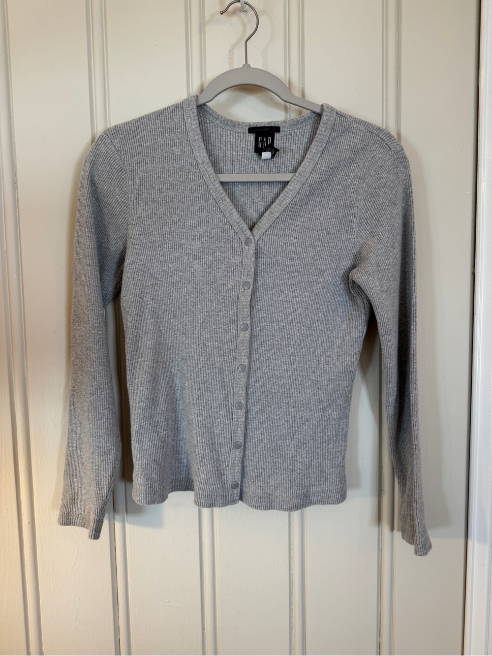Vintage 1999 Gap Stretch Gray Ribbed Snap Cardigan M 90s Minimalist
